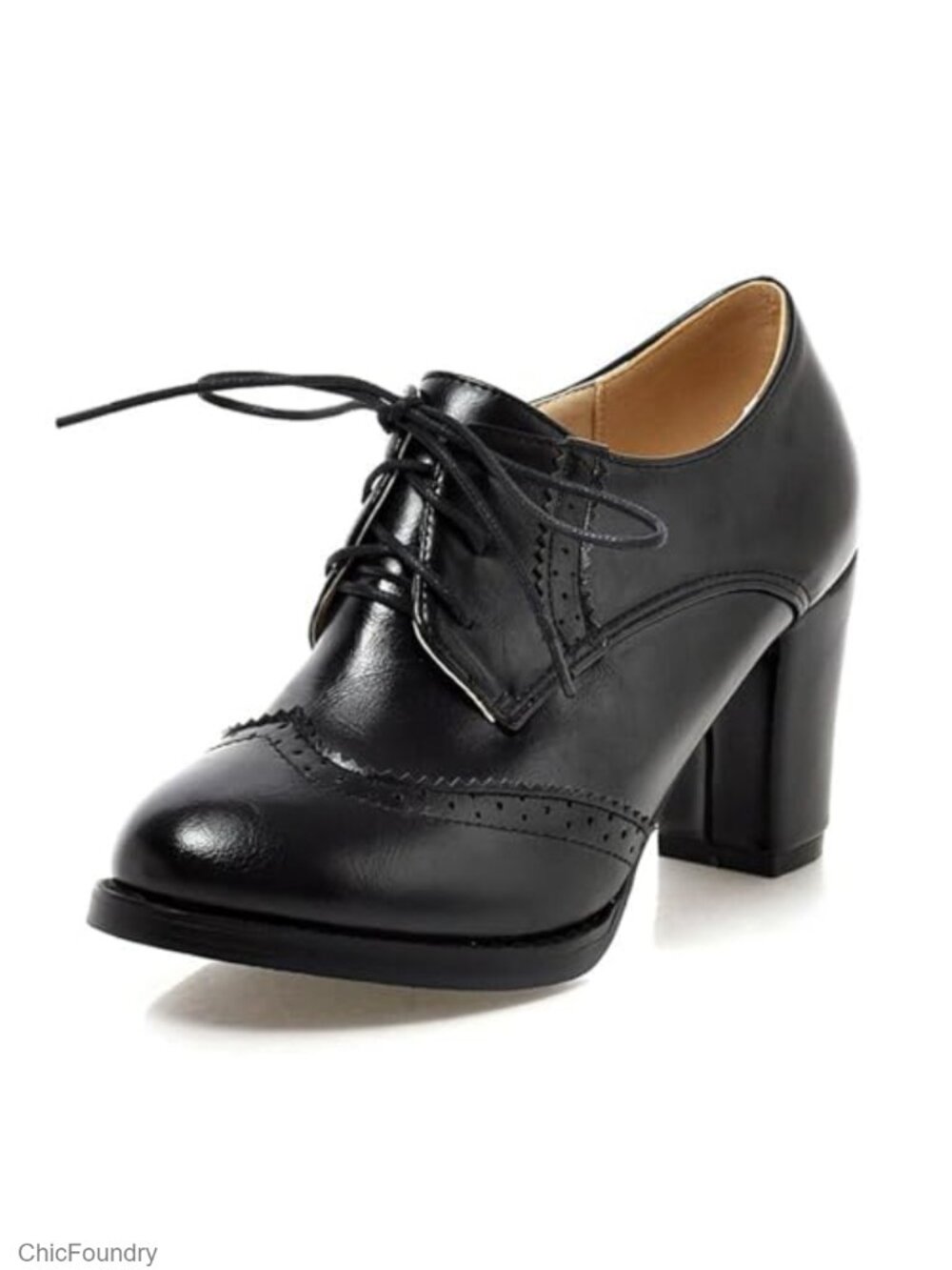 Vintage Retro Wingtip Oxfords Chunky Block Heels PU Lace Up